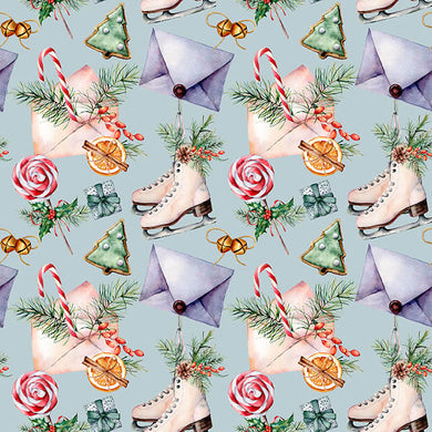 Christmas Skates Cotton Fabric Sample - Green