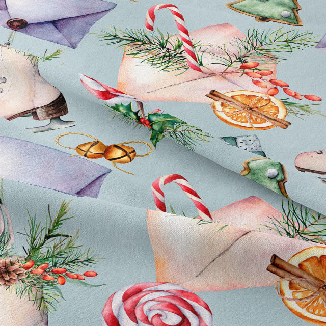  High-quality curtain fabric in green with adorable Christmas skates design