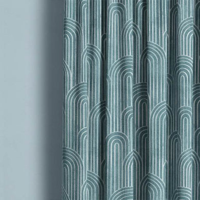 Deco Arches Linen Curtain Fabric - Azure