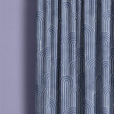 Deco Arches Linen Curtain Fabric - Blue