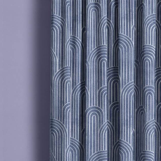 Deco Arches Linen Curtain Fabric - Blue