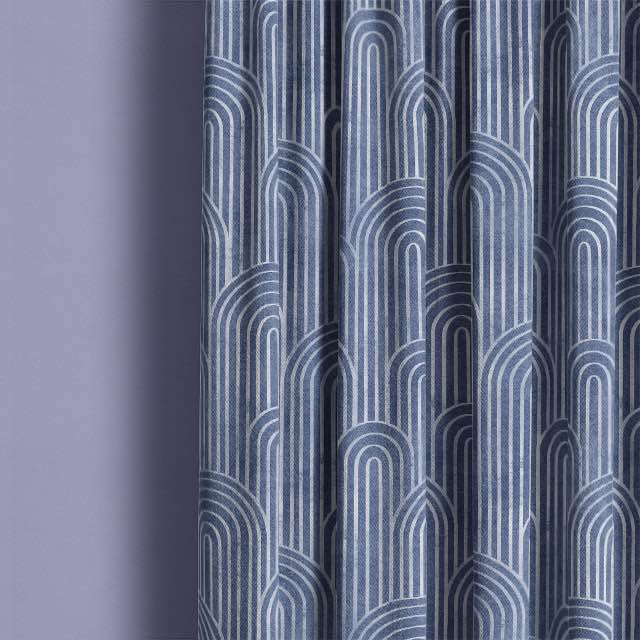 Deco Arches Linen Curtain Fabric - Blue
