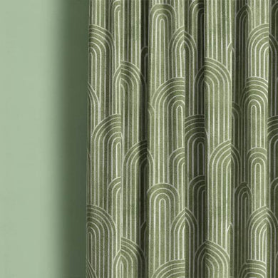 Deco Arches Linen Curtain Fabric - Forest Green