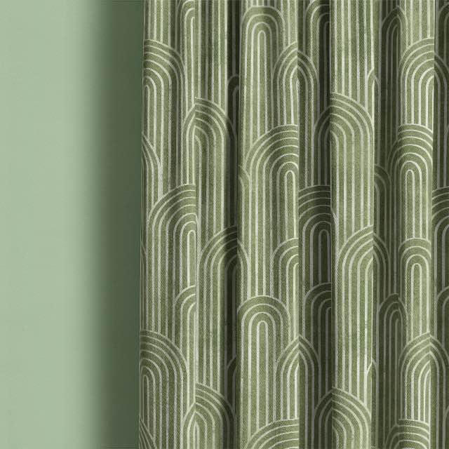 Deco Arches Linen Curtain Fabric - Forest Green