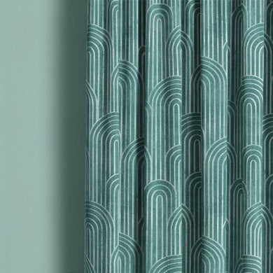 Deco Arches Linen Curtain Fabric - Jade