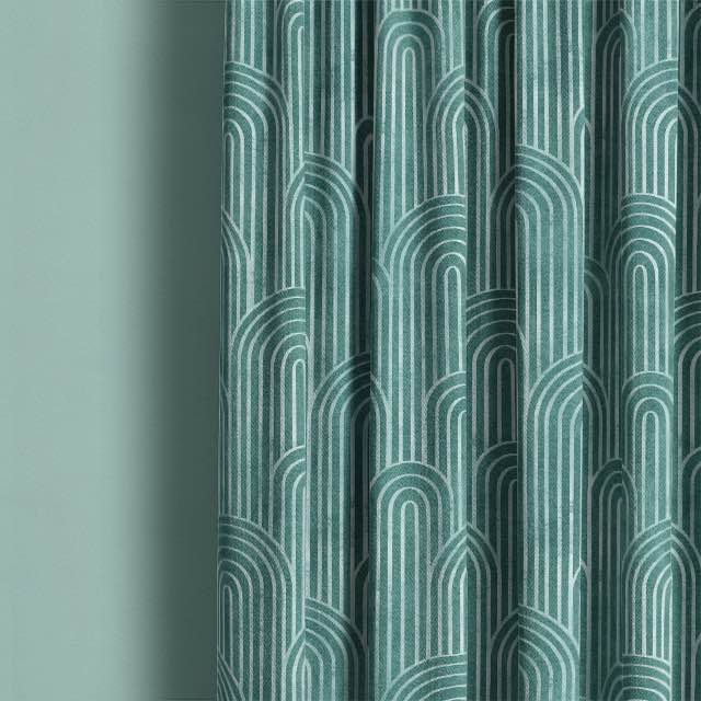 Deco Arches Linen Curtain Fabric - Jade
