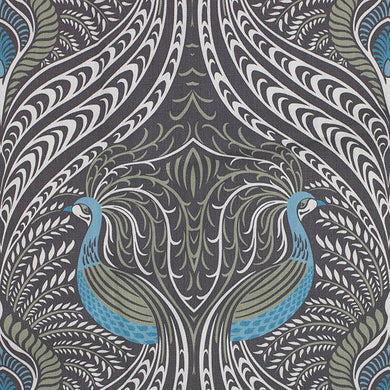 Deco Peacock Ebony - William Morris Inspired Linen Fabric