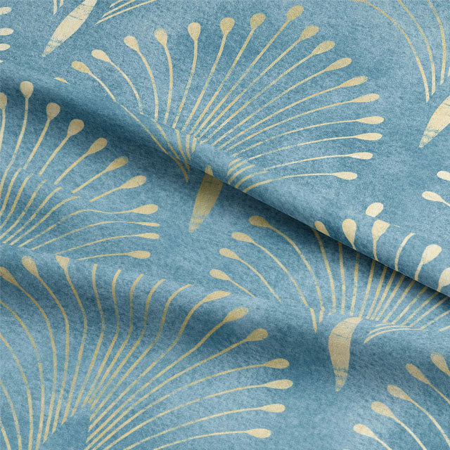 Beautiful azure Deco Plume Linen Curtain Fabric drapes gracefully