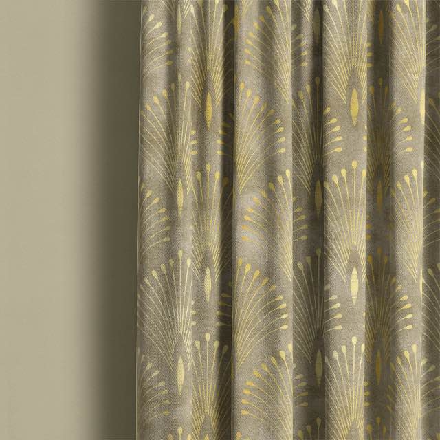 Luxe gold curtain fabric featuring a delicate plume design, ideal for creating a sophisticated and opulent atmosphere
