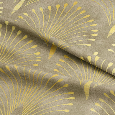 Beautiful gold linen curtain fabric with a feather-inspired pattern, perfect for adding a touch of glamour to any room