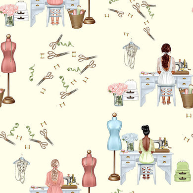 Seamstress Cotton Curtain Fabric - Ivory