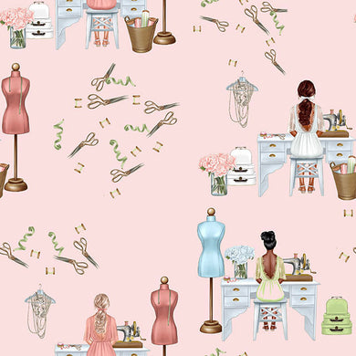 Seamstress Cotton Curtain Fabric - Pink