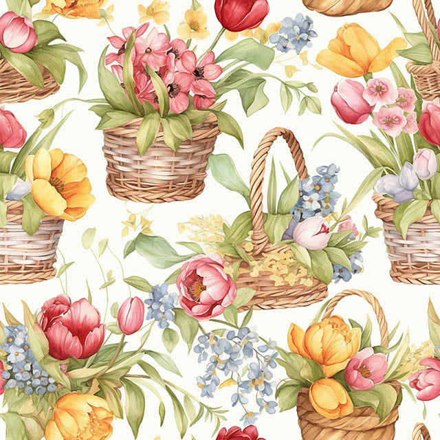 Flower Basket Cotton Curtain Fabric - Red