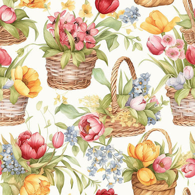 Flower Basket Cotton Curtain Fabric Sample - Red