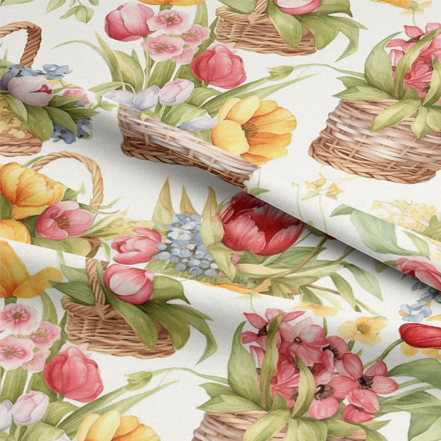 Flower Basket Cotton Curtain Fabric - Red