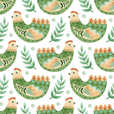 Folk Hens Cotton Fabric Sample - Green