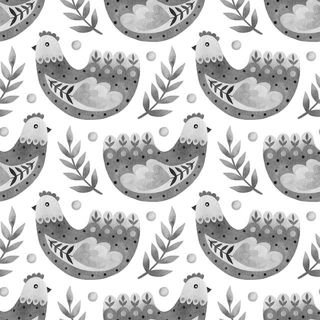 Folk Hens cotton curtain fabric in grey with charming hen pattern