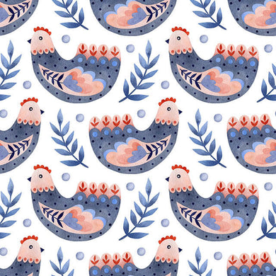 Folk Hens Cotton Fabric Sample - Indigo Henna