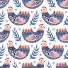 Folk Hens Cotton Curtain Fabric - Indigo Henna pattern in deep blue and red with intricate design details