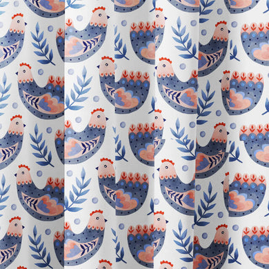 Indigo Henna cotton curtain fabric featuring a stunning Folk Hens pattern in deep blue and red