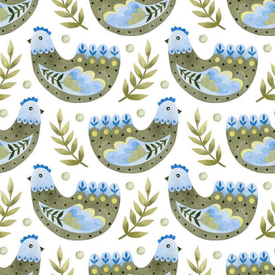 Folk Hens Cotton Curtain Fabric in Olive Blue, a charming country-inspired design with hens and foliage in a blend of earthy olive and deep blue tones
