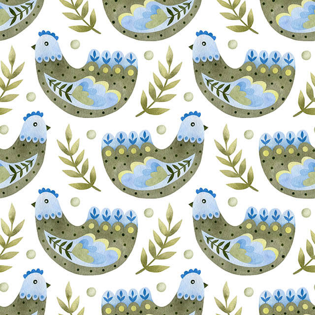 Folk Hens Cotton Curtain Fabric in Olive Blue, a charming country-inspired design with hens and foliage in a blend of earthy olive and deep blue tones