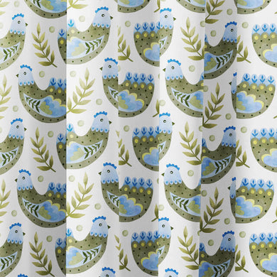  Folk Hens Cotton Curtain Fabric in Olive Blue, a versatile and durable material for creating stylish and rustic window treatments