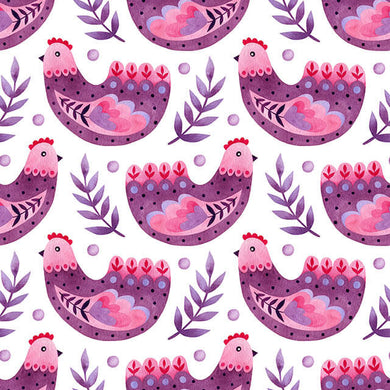 Folk Hens Cotton Curtain Fabric in rich, regal purple color