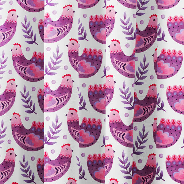 Folk Hens Cotton Curtain Fabric - Purple