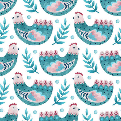 Folk Hens Cotton Curtain Fabric in Teal, featuring intricate folk hen design