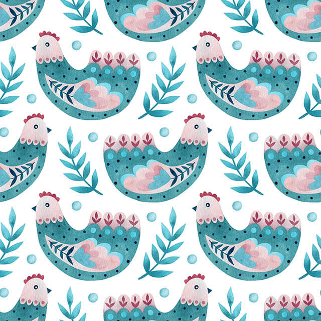 Folk Hens Cotton Curtain Fabric in Teal, featuring intricate folk hen design