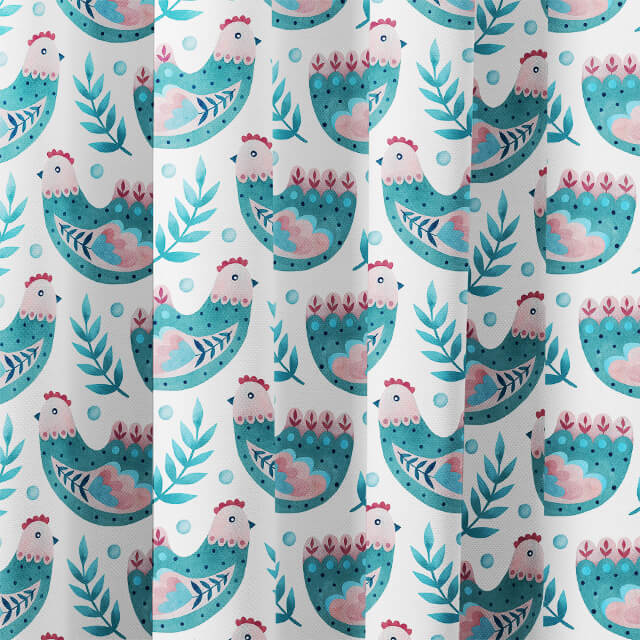Folk Hens Cotton Curtain Fabric - Teal