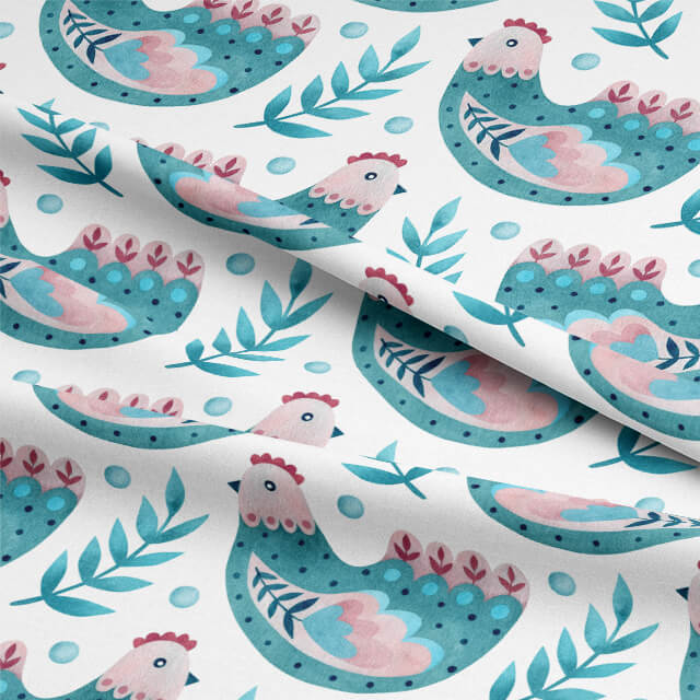 Folk Hens Cotton Curtain Fabric - Teal