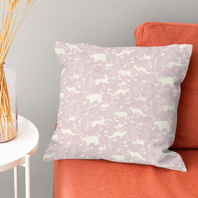 Linen curtain fabric in mauve with charming forest friends print, perfect for a cozy and natural look