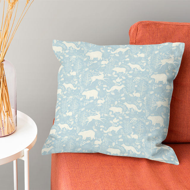 High-quality linen fabric in a lovely sky blue shade, adorned with charming forest friends illustration