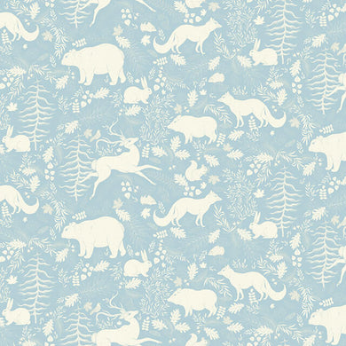 Forest Friends Linen Curtain Fabric - Sky Blue with adorable woodland animal print, perfect for kids' room decor