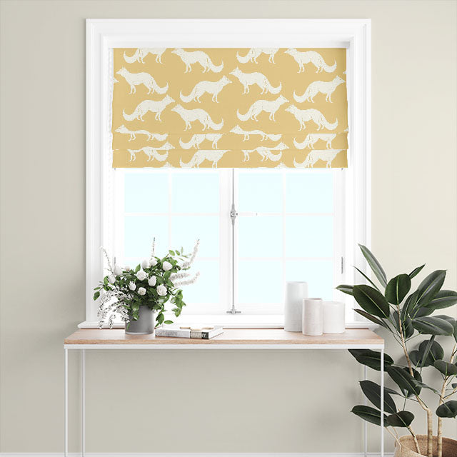  Foxy Linen Curtain Fabric - Ochre drapery hanging in a well-lit room