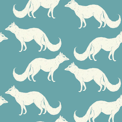 Foxy Linen Curtain Fabric in Teal color draped over a window