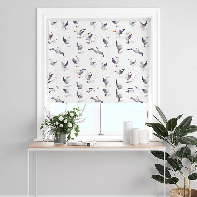 Funky Seagulls Cotton Curtain Fabric - White
