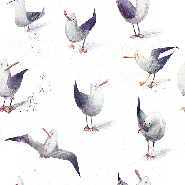 Funky Seagulls Cotton Curtain Fabric - White