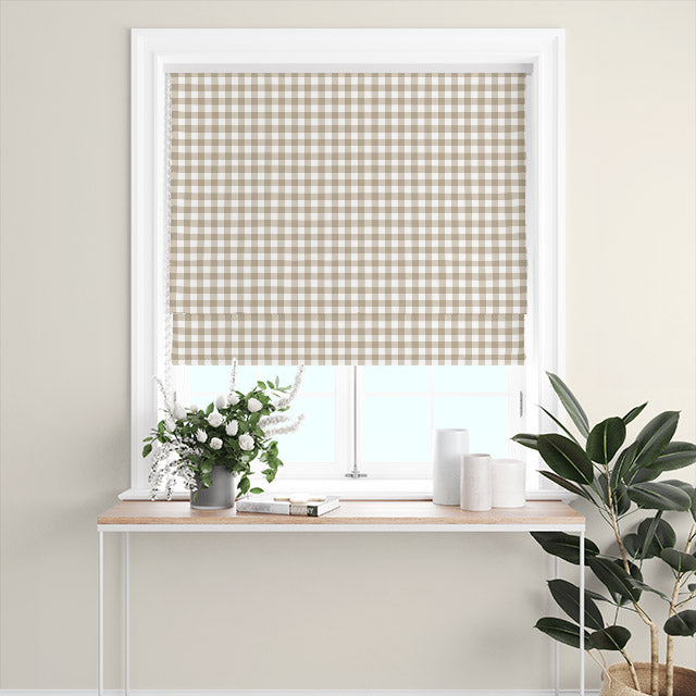 Gingham Check Cotton Curtain Fabric - Taupe in a stylish home decor setting