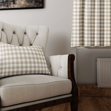 Gingham Check Cotton Curtain Fabric - Taupe draping beautifully on a window