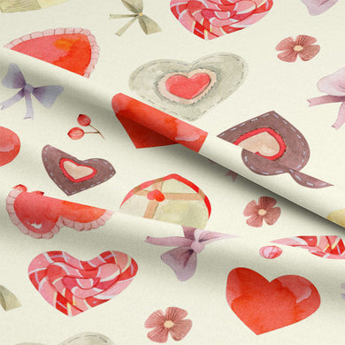 Red curtain fabric with adorable heart and bow patterns