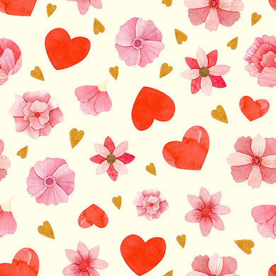 Hearts & Flowers Cotton Fabric Sample - Red