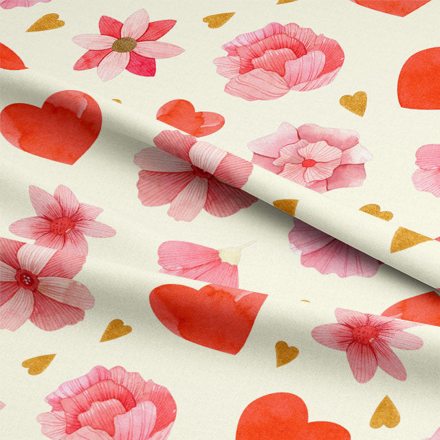 Beautiful red cotton curtain fabric with heart and flower designs, ideal for creating a cozy and welcoming atmosphere