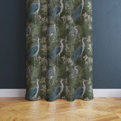 Heron Garden Linen Curtain Fabric - Forest