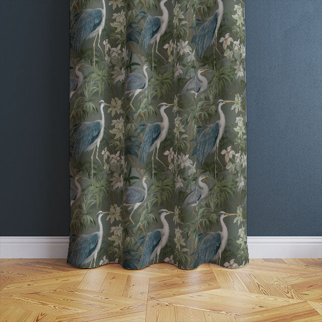 Heron Garden Linen Curtain Fabric - Forest