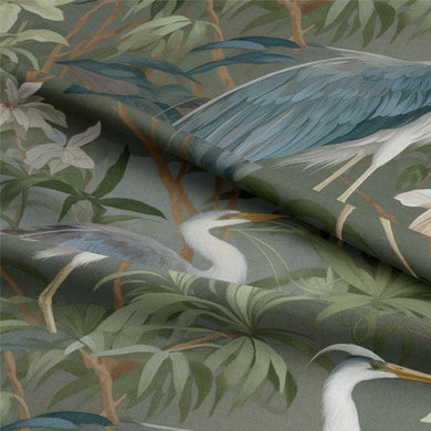 Heron Garden Linen Curtain Fabric - Forest