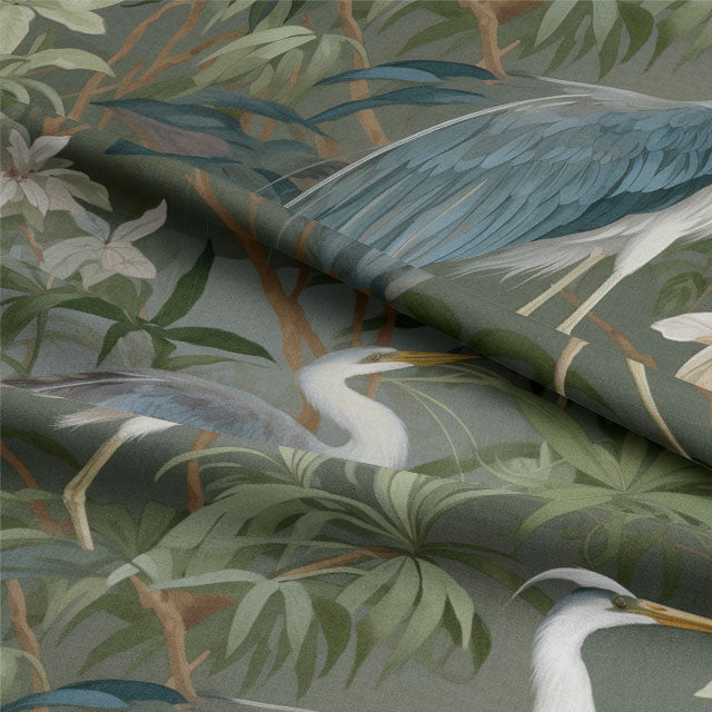 Beautiful Heron Garden Linen Curtain Fabric - Forest hanging in a sunlit room