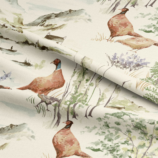 Highland Pheasants Cotton Curtain Fabric - Summer